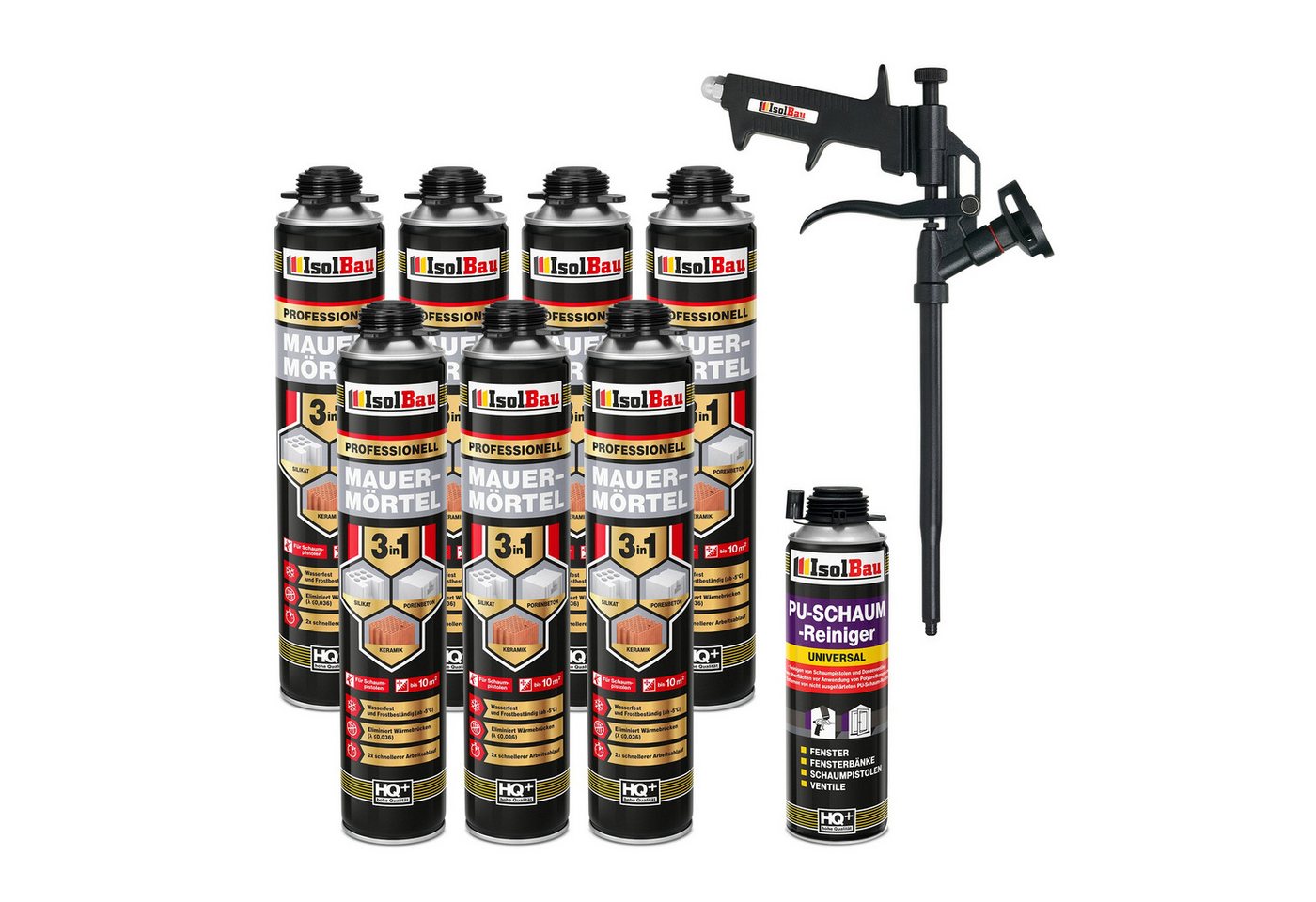 None Montagekleber Mauermörtel 7 x 750ml SET Montageschaum Teflon Schaumpistole, PU Schaum 750 ml, Reiniger 500 ml, Schaumpistole von None
