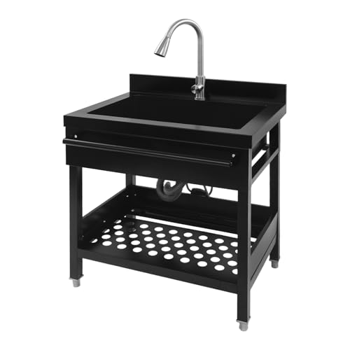 Freistehende Edelstahl Spültisch, Spüle mit Unterschrank, Küchenspüle mit Ausziehbare Wasserhahn, Outdoor Spüle, Waschbecken, Spültisch für Außen, Innen, Küche, Restaurant, Bar (Schwarz) von NoneDanGee