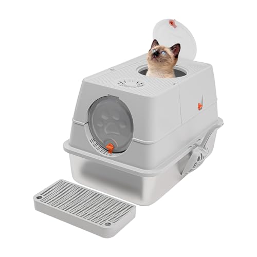 Katzentoilette mit Kapuze, Edelstahl Katzenklo mit Schaufel, Bürste und Aktivkohlefilter, Leicht zu reinigen, Katzentoiletten für Katzen bis 10 kg (Hellgrau) von NoneDanGee