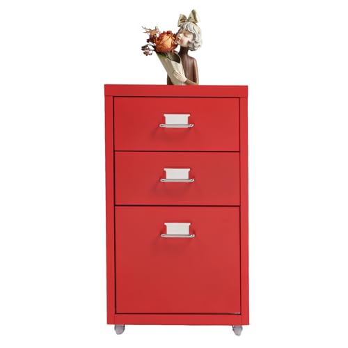 Mobiler Aktenschrank Rollcontainer mit 3 Schubladen, Metall Schubladenschrank 41 * 28 * 48 cm Büroschrank mit Rollen Kommode Eckschrank, Vorratsschrank für Home-Office (Rot) von NoneDanGee