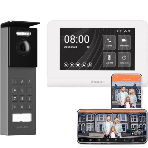 Balter ENTRI S Aufputz Video Türsprechanlage mit Kamera und Klingel, Gegensprechanlage Doorbell mit Türklingel und PIN Code, 2-Draht 1x 7 Zoll WiFi HD Monitor Smartphone App 1 Familienhaus Set von Nonic