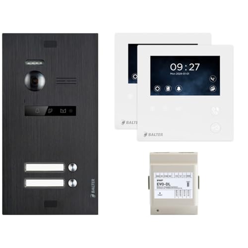Balter EVO Schwarz/Weiß Video Türsprechanlage Set für 2 Familienhaus (1x Türstation mit Kamera, 2X 4.3 Mini Monitor, 1x EVO-DL Module, 2-Draht Bus, 150° Weitwinkel, Türöffner) von Nonic