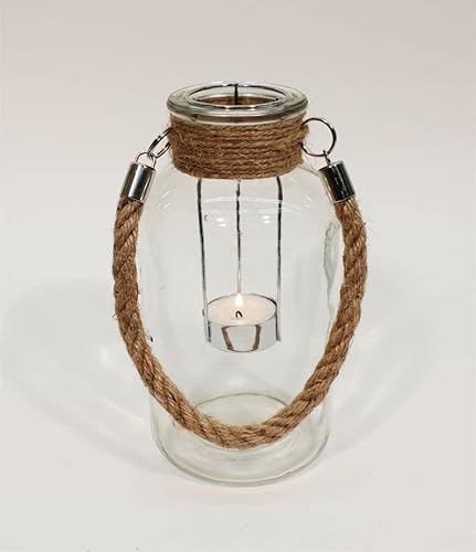 Windlicht Glas klar mit Jute Henkel für Teelichter 10x20cm von Noor Design
