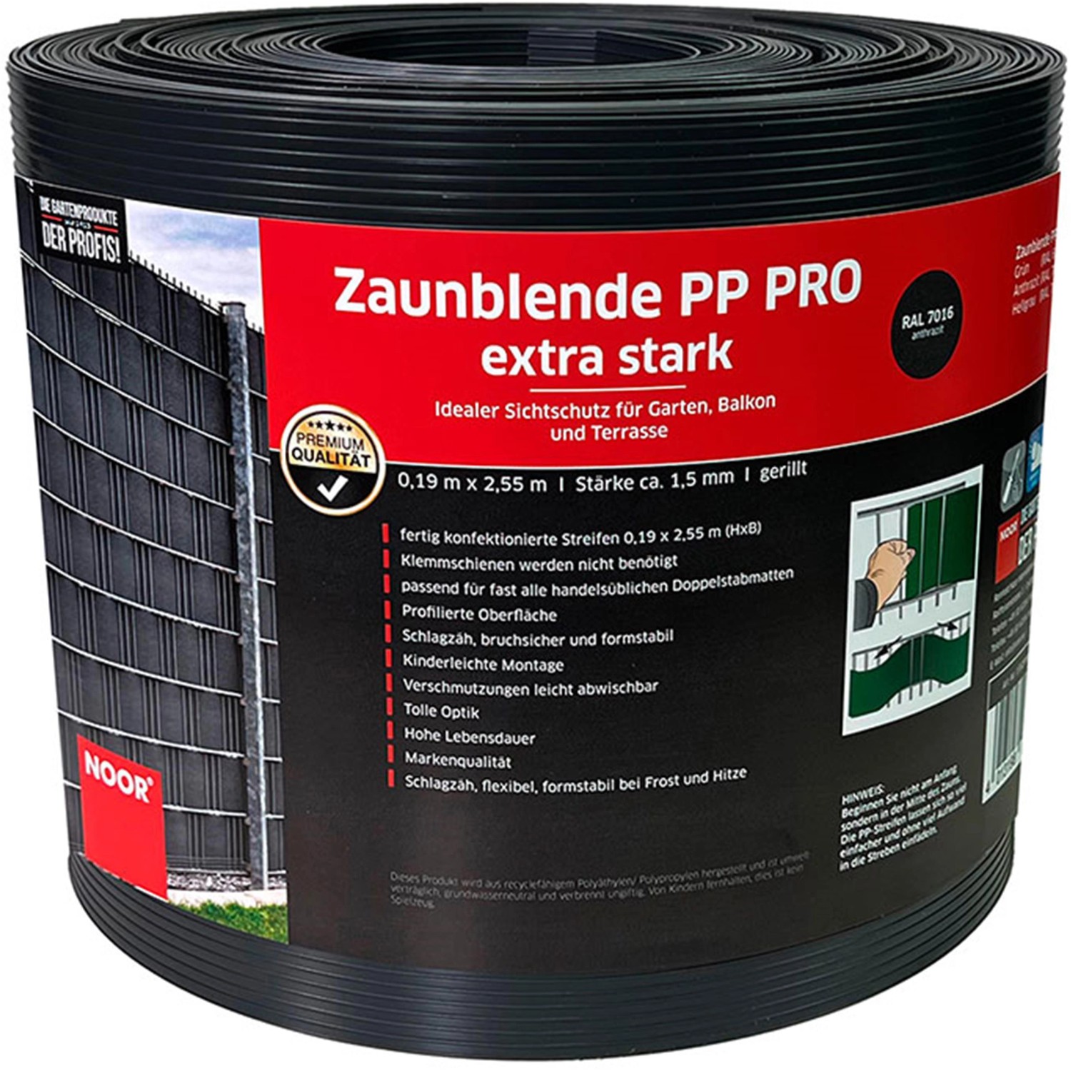 Noor Sichtschutzstreifen PP Pro Extrastark 0,19 m x 2,55 m Anthrazit von Noor