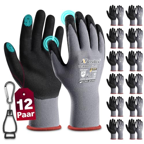 12 Paar Arbeitshandschuhe herren - montagehandschuhe mit optimaler Griffigkeit & feinem Tastgefühl, ölresistent und atmungsaktiv, Industrie-Schutzhandschuhe für Mechanik und Werkstatt, Größe 12/XXXL von Nopaben