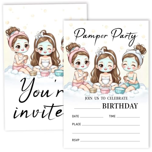 Nopoben Spa-Geburtstagsparty-Einladungskarten für Mädchen, Jungen, Kinder, Verwöhn-Geburtstagsparty-Zubehör, Gastgeschenke, 20 Einladungskarten zum Ausfüllen mit Umschlägen, 15 Stück von Nopoben