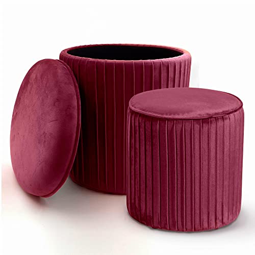 Norbe | Set mit 2 Sitzhocker aus Samt mit Zylinder, Gerippter Hocker, Fußstütze, Schreibtisch, Schminktisch, Kindersessel für Schlafzimmer oder Wohnzimmer, Fußstütze Nachttisch, Sessel Flu (Weinrot) von Norbe