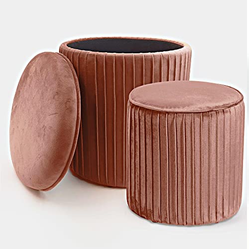 Norbe | Set mit 2 Sitzhocker aus Samt mit Zylinder, Gerippter Hocker, Fußstütze für Schreibtisch, Schminktisch, Kindersessel für Schlafzimmer oder Wohnzimmer, Fußstütze Nachttisch, Sessel (antikrosa) von Norbe