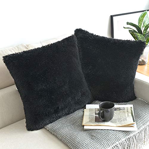 NordECO HOME 2er Set Kissenbezug 40x40 cm Schwarz Künstlich Pelz Dekorative kissenhülle Deko Kissen Kuschelkissen Flauschig Sofakissen Superweich Plüschkissen für Sofa 16x16 Zoll von NordECO HOME