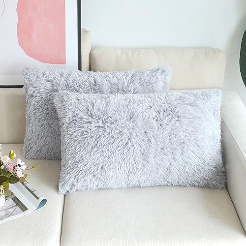 NordECO HOME 2er Set kissenbezüge 30x50 cm Kissen grau Künstlich Pelz Fellkissen Dekorative Deko Kissen Kuschelkissen Flauschig Sofakissen Weich Plüschkissen für Sofa von NordECO HOME