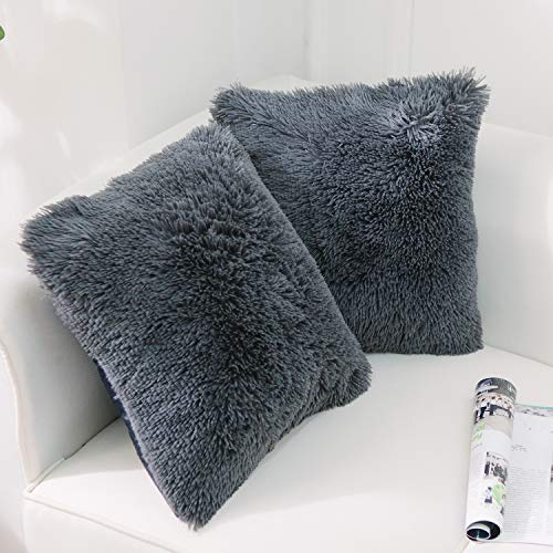 NordECO HOME 2er Set kissenbezüge 40x40 cm Kissen Dunkelgrau Künstlich Pelz Fellkissen Dekorative Deko Kissen Kuschelkissen Flauschig Sofakissen Weich für Sofa von NordECO HOME