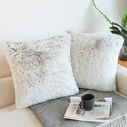 NordECO HOME 2er Set kissenbezüge 50x50 cm Kissen Braun Ombre Künstlich Pelz Fellkissen Dekorative Deko Kissen Kuschelkissen Flauschig Sofakissen Weich Plüschkissen für Sofa von NordECO HOME