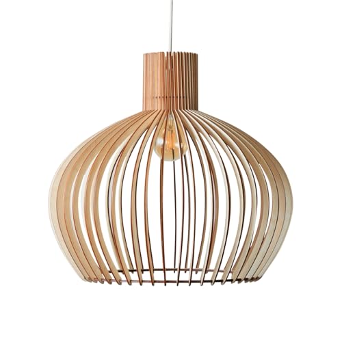 Nordestic Pendelleuchte Holz “Baidur”, skandinavische Hängelampe Wohnzimmer, Deckenleuchte Boho Stil, verstellbare Hängeleuchte E27 Fassung, Pendel-Lampe (Höhe x Durchmesser 50 cm x 52 cm) von Nordestic