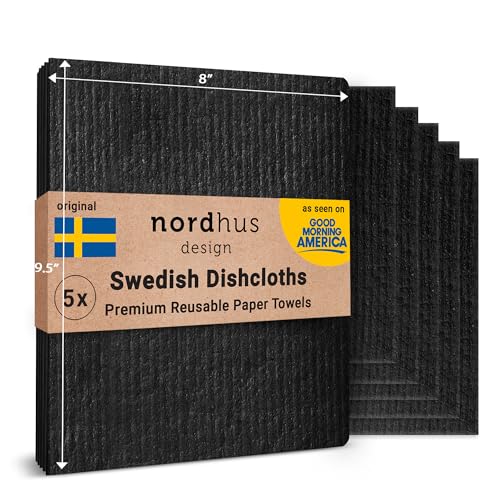 Nordhus Design Große schwedische Geschirrtücher, 5 schwarze Tücher, hergestellt in Schweden – 24,1 x 20,3 cm, wiederverwendbar, waschbare Zellulose-Baumwoll-Küchentücher – ersetzen Papiertücher, von Nordhus Design