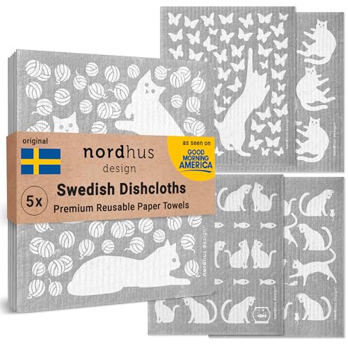 Nordhus Design Schwedische Geschirrtücher, Katzen, 5er-Pack, hergestellt in Schweden, wiederverwendbar, waschbar, Zellulose-Baumwolle, Küchentücher ersetzen Papiertücher, Tücher, Schwämme, von Nordhus Design