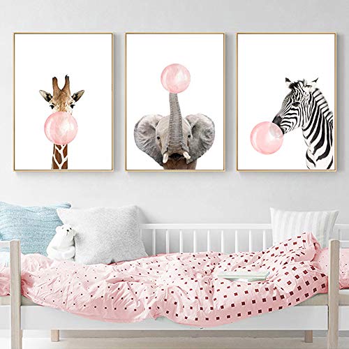 3 Poster Tiere Elefant Giraffe Zebra Kaugummi Rosa 30x40 Bilder Wand Set Leinwand a3 Dekoration Babyzimmer Mädchen Kinder Geschenk ohne Rahmen von Nordic Ideas