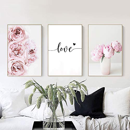 3er-Set Poster 30 x 40 cm Blume Rosa Poster Pfingstrose Zitat Liebe Schwarz und Weiß Leinwand Kunst Wanddekoration Natur Bild Modern Design Drucke auf Leinwand Deco Wohnzimmer PTLS004-M von Nordic Ideas