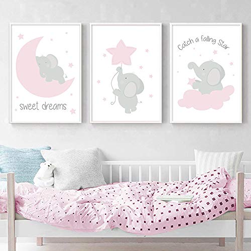 3er Set Poster Elefant Kinderzimmer Bilder Mond Wolken Stern Zitate Grau Rosa Wandbilder Babyzimmer a3 Geschenk ohne Rahmen von Nordic Ideas