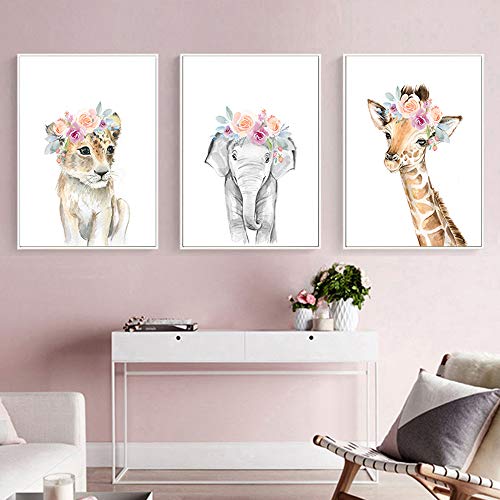 3er Set Poster Waldtiere Kunstdruck Elefant Giraffe Katze mit Girlande Bilder für Kinderzimmer Leinwand 40x50 Wanddeko Schlafzimmer Kinder Geschenk ohne Rahmen PTAN004-L von Nordic Ideas