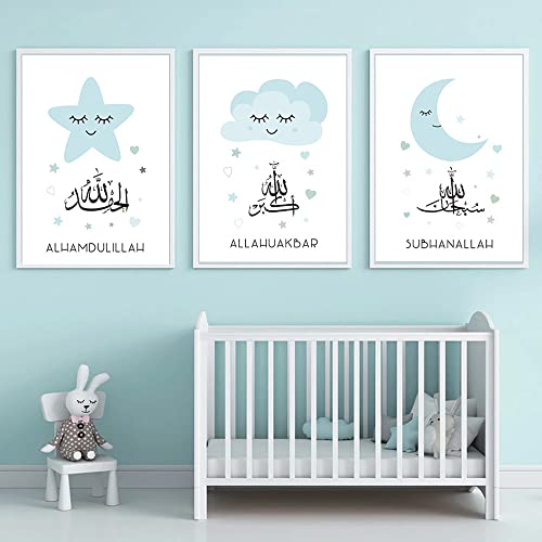Bilder Set Kinderzimmer Jungen Blau Mond Sterne Wolke Poster Spruch Baby Islamische Kalligraphie Leinwand A3 Kinder Wand Dekoration ohne Rahmen NPTWC010-M von Nordic Ideas