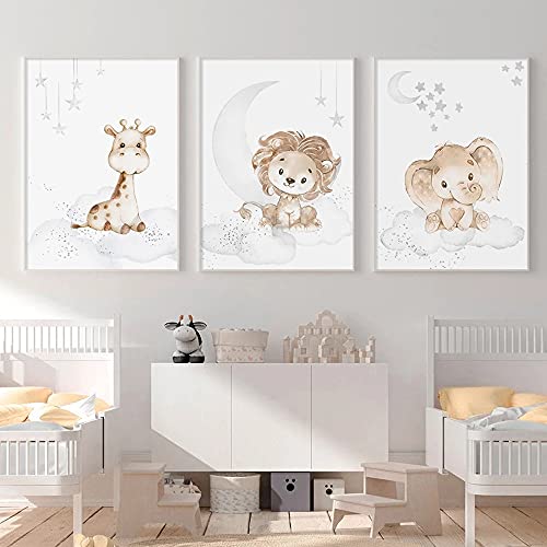 PTAN001-L 3 Bilder für Kinderzimmer, Tiere, Elefanten, Giraffe, Löwe, Wolke, Stern, Mond, dekorative Drucke, für Kinder, Dekoration, Geschenk, ohne Rahmen von Nordic Ideas