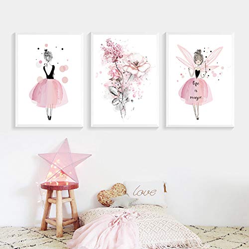 Nordic Ideas 3 Poster Dekoration Zimmer Mädchen Prinzessin Rosa Blume Wandbilder Poster Kinder Malerei auf Leinwand Geschenke NPTWC003-L von Nordic Ideas