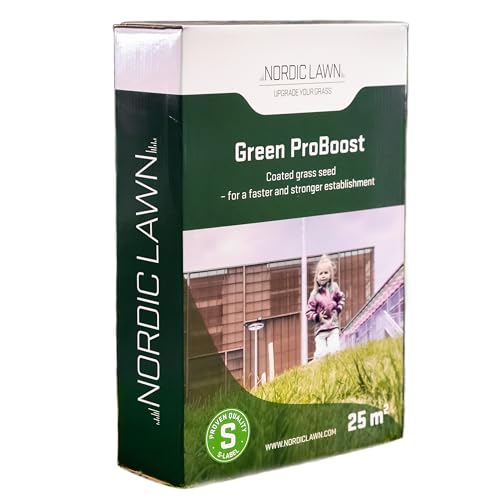 Green ProBoost, Turbo-Rasensamen mit Dünger, Schnellkeimender Rasensamen aus Dänemark für 25 qm, Premium Rasensamen für Mähroboter, 1 kg Rasensamen zur Rasennachsaat von Nordic Lawn