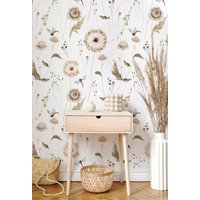 Beige Blumentapete, Handgezeichnete Vintage-Blumen, Abnehmbar Und Peel&stick, Traditionelle Tapete, Blumenwand von NordicHarmony