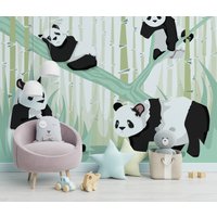 Pandas in Bambus-Tapete, Kinderzimmer-Wandbild. Traditionelle Oder Peel&stick-Tapete, Tierlandschaftstapete, Abnehmbare, Waschbare Tapete von NordicHarmony