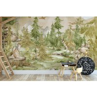 Waldlandschaftswandbild, Kinderzimmertapete. Traditionelle Vorgeklebte Tapete, Berglandschaft, Kinderzimmer-Tapete, Wald-Tapete von NordicHarmony