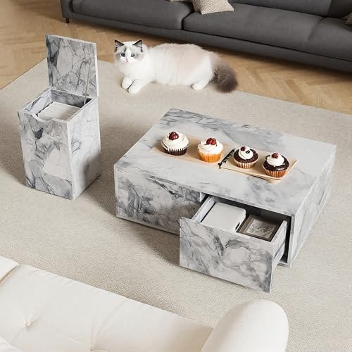 Couchtisch-Set 2-teilig Modul: Kombinierbar & Trennb. | Großer Tisch mit Schubladen | Kleiner mit Staufach | Marmor Design | Strapazierfähige von NordicLume