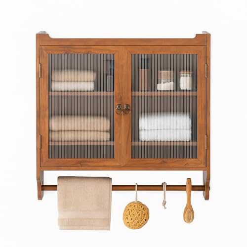 NordicLume Badezimmerschrank Wandmontage · Wandschrank mit 2 Glastüren & Regal · Hängeschrank mit Handtuchhalter (Braun) von NordicLume