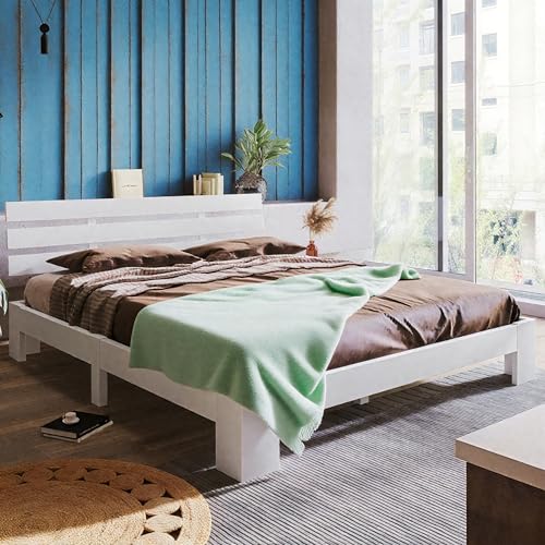 NordicLume Bett für Erwachsene & Jugendliche 200 x 140 cm- Massivholz Kiefer/MDF, 160kg belastbar, verstärkte Konstruktion mit Stauraum - langlebig & sicher (altes Weiß, 200 x 140 cm) von NordicLume
