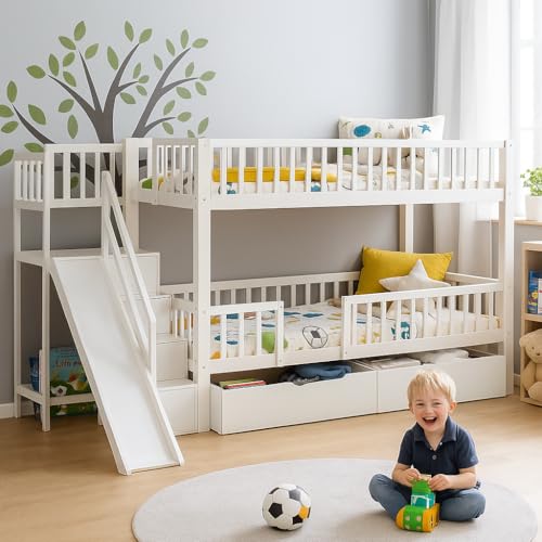 NordicLume Doppelstockbett für Kinder mit Rutsche, Treppe & Schubladen – Platzsparendes Etagenbett 90x200 cm aus Massivholz (Weiß- Etagenbett) von NordicLume