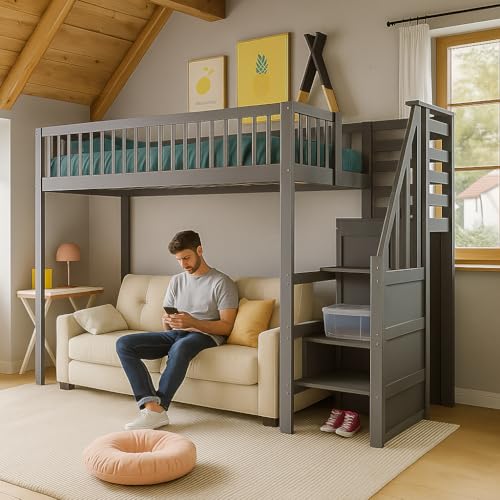 NordicLume Hochbett 90x200 cm mit Treppe & Stauraum – Massivholz, Grau, Kinderbett mit Sicherheitsgeländer & Kleiderstange (Grau, 90x200 cm) von NordicLume