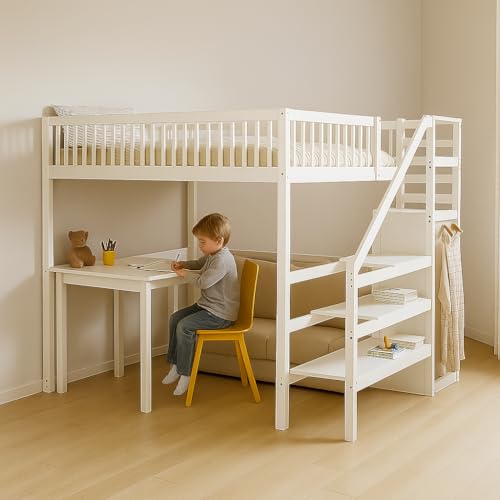 NordicLume Hochbett 90x200 cm mit Treppe & Stauraum – Massivholz, Grau, Kinderbett mit Sicherheitsgeländer & Kleiderstange (Weiß, 140x200 cm) von NordicLume