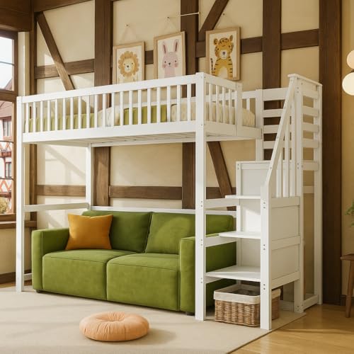 NordicLume Hochbett 90x200 cm mit Treppe & Stauraum – Massivholz, Grau, Kinderbett mit Sicherheitsgeländer & Kleiderstange (Weiß, 90x200 cm) von NordicLume