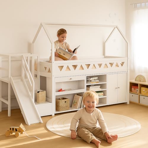 NordicLume Kinderbett Hausform mit Rutsche & Treppe, Hochbett aus Massivholz, 90x200cm mit Schubladen & Regalen(Weiß- Schrägecke) von NordicLume