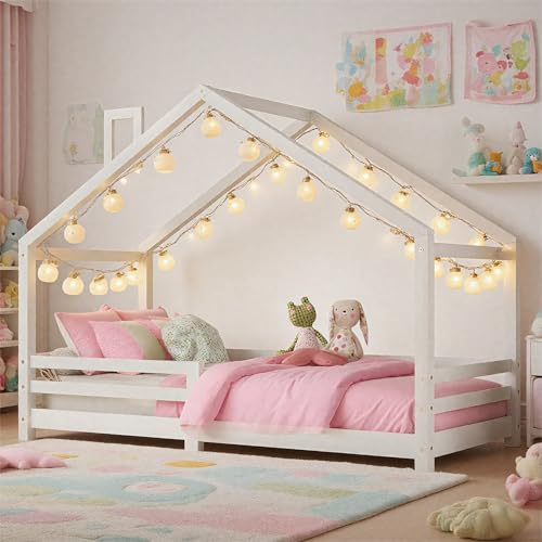 NordicLume Kinderbett Hausform mit Schornstein | Massivholz-Kiefer | 4-Seitigem Schutzgitter | 120kg Traglast | 90x200 cm (Weiß) von NordicLume
