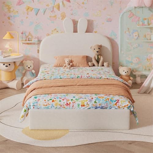 NordicLume Kinderbett mit Kaninchen-Kopfteil | Samt-Polsterbett Beige | Holzlattenrost | Tragkraft 150kg | Montagefreundlich von NordicLume