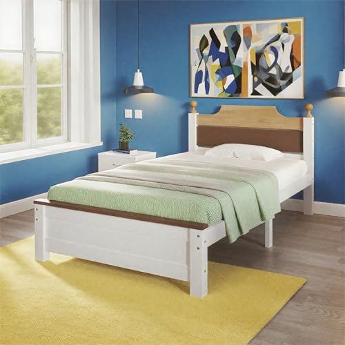 NordicLume Klassisch-Modernes Holzbett Einzelbett | Mit Zierkugeln & Farbblock-Kopfteil | Stabile Kiefer & MDF | Tragkraft 150kg | Einfache Montage,(90x200 cm) von NordicLume