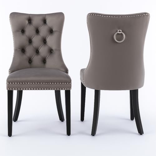 NordicLume Luxus Esszimmerstuhl aus Samt im Chesterfield-Design – Komfortpolsterung & Holzbeine, 2er-Set (Grau) von NordicLume