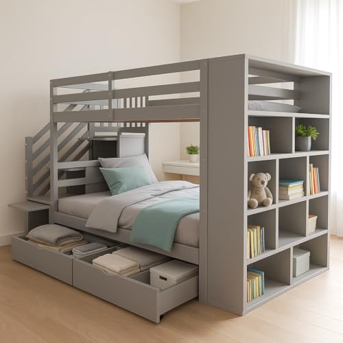 NordicLume Massivholz-Hochbett mit Treppenaufgang,90×200 cm,Schubladen & offenen Regalfächern | Kinder- & Jugendbett (Grau) von NordicLume