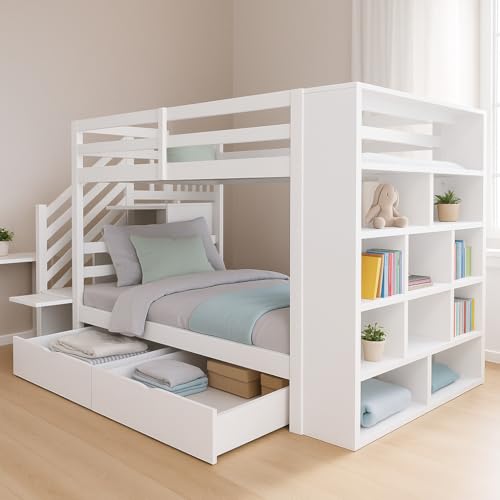 NordicLume Massivholz-Hochbett mit Treppenaufgang,90×200 cm,Schubladen & offenen Regalfächern | Kinder- & Jugendbett (Weiß) von NordicLume