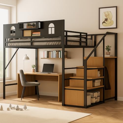 NordicLume Metall Hochbett 140x200 cm mit Treppe und Ablagen – Robustes Etagenbett mit Stauraum für Kinder, Jugendliche & Erwachsene (Schwarz) von NordicLume