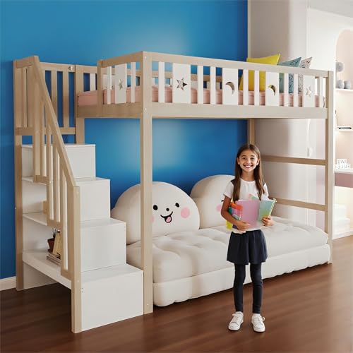 NordicLume Platzsparendes Hochbett 90 * 200 mit integrierter Stauraum-Leiter & Sicherheitsgeländer (Stern/Mond) | Massivholz-Konstruktion (Natürlich, Weiß, 90 * 200) von NordicLume