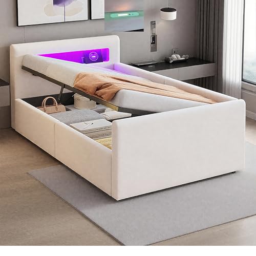 NordicLume Polsterbett mit LED-Beleuchtung & Hydraulik-Stauraum | 90x200 cm | Smartsteuerung, USB, Regal | Kinder-/Jugendzimmer (Beige) von NordicLume