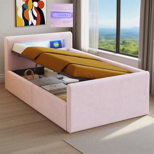 NordicLume Polsterbett mit LED-Beleuchtung & Hydraulik-Stauraum | 90x200 cm | Smartsteuerung, USB, Regal | Kinder-/Jugendzimmer (Rosa) von NordicLume