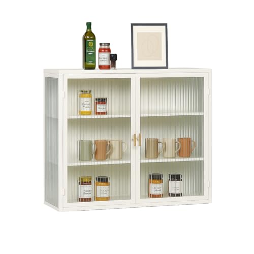 NordicLume Wandschrank mit Glastüren – Metall & Glas, robust & modern, 3-stufige Regale, für Küche, Bad oder Wohnzimmer (Antikweiß) von NordicLume