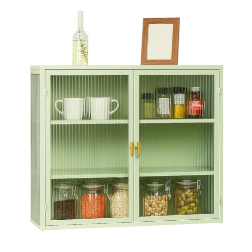 NordicLume Wandschrank mit Glastüren – Metall & Glas, robust & modern, 3-stufige Regale, für Küche, Bad oder Wohnzimmer (Grün) von NordicLume